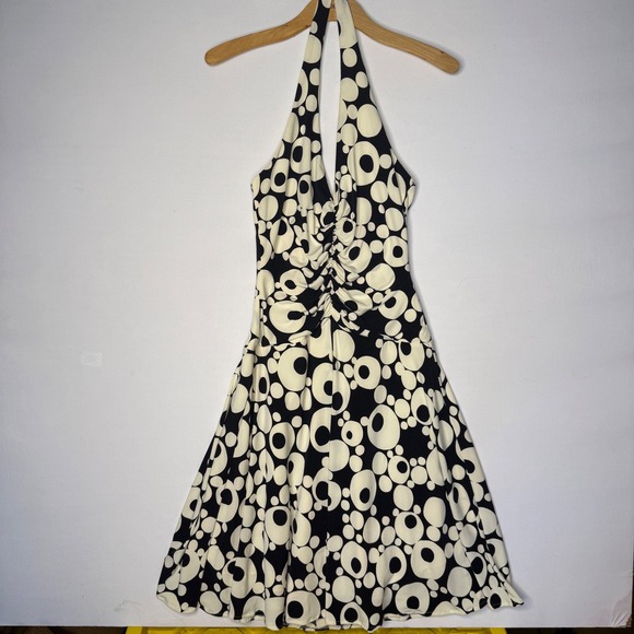 Maggy London Dresses & Skirts - Maggy London Womens Halter Dress Black Cream Mod Bubble Print Ruched Drop Waist